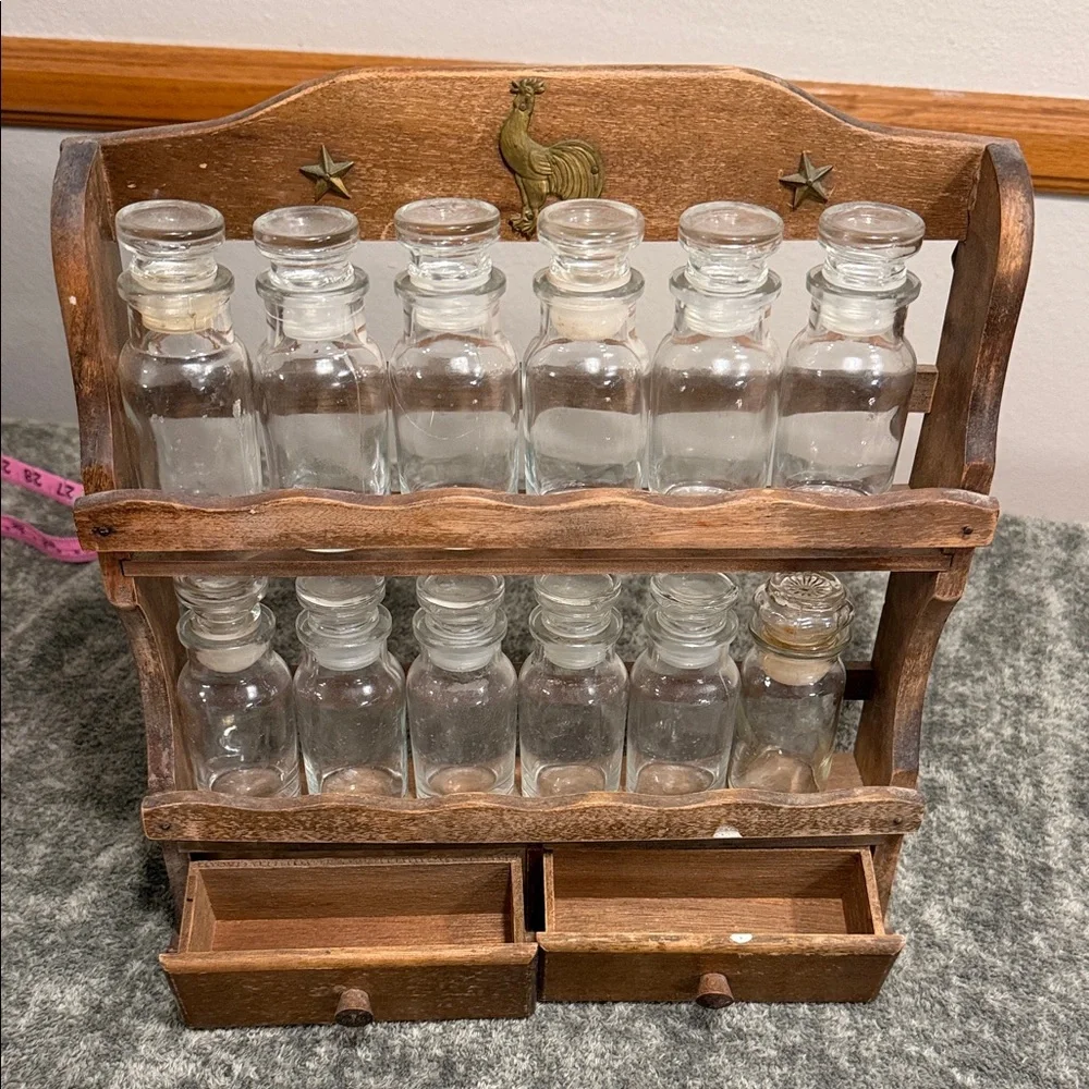Rustic Wooden Spice Rack with Glass Bottles - Brown